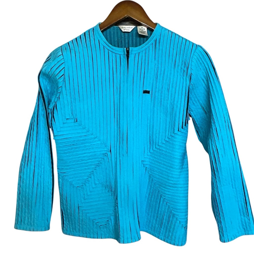 Vtg 90s Laura Ashley Micro Pleated Mesh Intarsia Zip Jacket Size S Petite